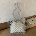 Sac fourre-tout tissé argenté avec pochette intérieure blanche à cordon pour la plage - Argenté