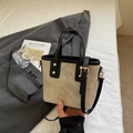 Sac seau rétro en toile beige et cuir noir avec bandoulière réglable amovible - Sans pendentif / Blanc Cassé