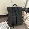 Large black marble pattern roll-top backpack with dual front functional pockets - Black (Without Charm)
