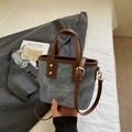 Sac seau en denim bleu avec anses en cuir marron et bandoulière réglable - Sans pendentif / Bleu