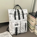 Fashionable marble pattern backpack in grey and white with black adjustable buckle straps - White (Without Charm)