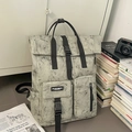 Grey marble texture roll-top backpack with black buckles and multiple pockets for students - Green (No Pendant)