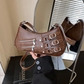 Brown vintage motorcycle crescent bag with silver buckles and adjustable straps - Brown