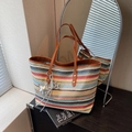 Grand sac cabas en paille à rayures avec anses en cuir marron et breloque étoile de plage - Multicolore Avec Pendentif