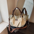 Sac cabas rétro en toile beige avec anses en cuir marron et bandoulière réglable - Blanc Cassé