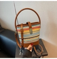 Détail du sac seau en paille tressée colorée avec poignées rondes en cuir et boucle - Brun Foncé