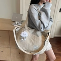 Large beige canvas travel tote bag with cute cloud pendant and versatile straps - With Charm / Off White