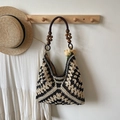 Handcrafted crochet tote bag in cream and black geometric patterns with wooden bead strap - Black