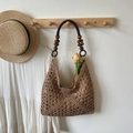 Handmade woven crochet tote bag in tan brown with wooden beads and a rope handle - Brown