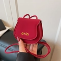 Mini red velvet saddle bag with yellow orin logo and slim shoulder strap accessory - Red