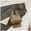 Khaki lychee pattern leather bucket bag with top handles and adjustable shoulder strap - Grey Without Pendant