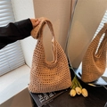 Sac cabas tissé à la main en kaki avec design en maille creuse et doublure en tissu - Marron