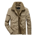 Men's khaki winter fleece jacket with warm faux lamb wool collar and outdoor styling - M / Khaki