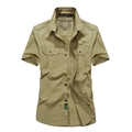 Men's khaki short sleeve outdoor cotton shirt with chest pockets and slim fit design - M / Khaki