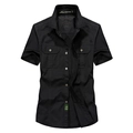 Men's black short sleeve military utility shirt with chest flap pockets and cotton twill fabric - M / Black