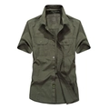 Army green military style cargo short sleeve shirt for men featuring dual flap pockets - M / Army Green
