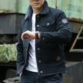 Men's navy blue fleece-lined work jacket with gray faux shearling collar and arm patch - M / Dark Blue