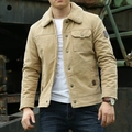 Men's khaki fleece-lined work jacket with sherpa collar and military legend embroidery - M / Khaki