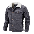 Men's dark grey corduroy winter jacket with white faux shearling collar and button pockets - M / Gray