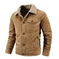 Men's brown corduroy winter jacket with beige sherpa fleece collar and button closure - M / Khaki