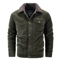 Giacca da uomo in velluto a coste verde scuro con caldo colletto in pile marrone e tasche - M / Verde Militare