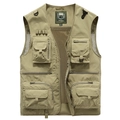 Men's khaki multi-pocket outdoor utility vest with breathable mesh lining and V-neck design - Khaki