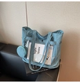 Detailed view of light blue nylon tote bag with transparent PVC pocket and round pouch - Blue