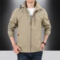 Men's khaki outdoor hooded jacket with windproof fabric and outdoor chest embroidery - M / Khaki