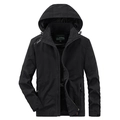 Schwarze Outdoor-Herrenjacke mit Kapuze, Windschutz und dekorativem Frontaufdruck - M / Schwarz