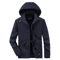 Marineblaue Herren Windjacke mit Kapuze, Outdoor-Print und verstellbaren Klettbündchen - M / Dunkelblau