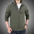 Olive green men's hooded outdoor jacket with windproof fabric and mountain embroidery - M / Army Green