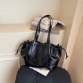 Large black shiny leather tote bag with bow detail and drawstring ruched sides - Black