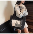 Large black canvas tote bag with transparent display pocket and small round coin pouch - Black