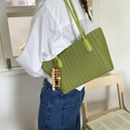 Green woven tote bag in checkerboard pattern with wooden bead pendant and slim shoulder strap - Green with Pendant