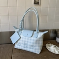 Sac fourre-tout à carreaux bleu clair avec broderie mignonne et poignée tressée - Bleu