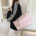 Sac fourre-tout à carreaux roses avec mini pochette assortie et imprimé chat mignon - Rose