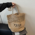 Borsa tote in paglia intrecciata naturale con ricamo Paris per vacanze al mare - Cachi