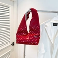 Gothic red rhinestone hobo bag with glossy finish and silver rivet embellishments - Red