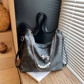Grey tote shoulder bag with silver bow and pearl chain in soft matte leather texture - Black