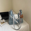 Light blue denim shoulder bag with silver leather trim and a cute teddy bear charm - Sky Blue with Pendant