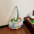 White and green striped knit tote bag with 3D colorful crochet flowers details - Green