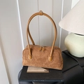 Minimalist caramel brown suede baguette bag with silver double zippers and long straps - Brown