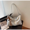 Silver metallic dumpling crossbody bag with horse charm and adjustable strap - Silver