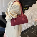 Vintage burgundy suede baguette bag with white contrast stitching and double zippers - Red