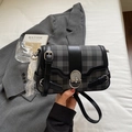 Grey and black checkerboard crossbody bag with metallic lock and pearl lace charm - Black