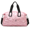 Pink metallic puffer travel bag with quilted padding and adjustable black shoulder strap - Pink
