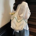 Knitted hollow out tote bag in beige with green wavy trim and large capacity - Off-white