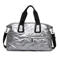 Quilted metallic silver travel duffel bag with black handles and shoulder strap - Silver