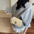 Yellow and white checkered flap crossbody bag with pearl lace charm and metal ring buckle - Yellow