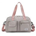 Light grey large capacity travel bag with pink handles and detachable shoulder strap - Gray